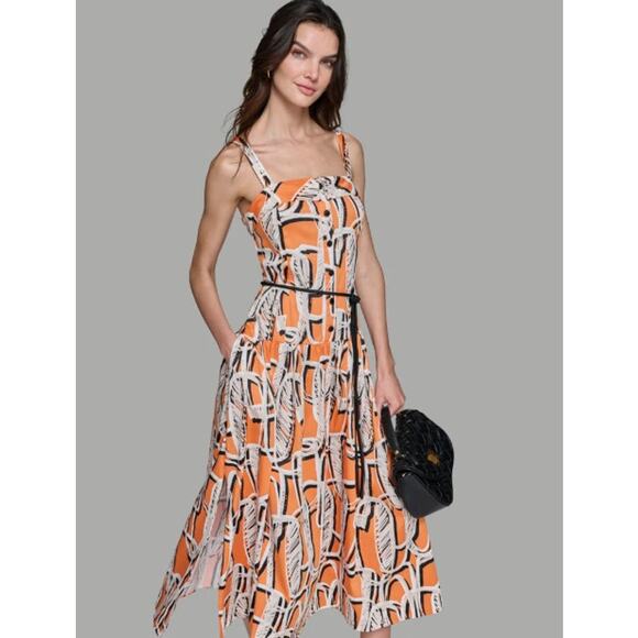 Karl Lagerfeld Paris Sleeveless Printed Square Neck Midi Dress Orange Size 12 - Picture 2 of 15